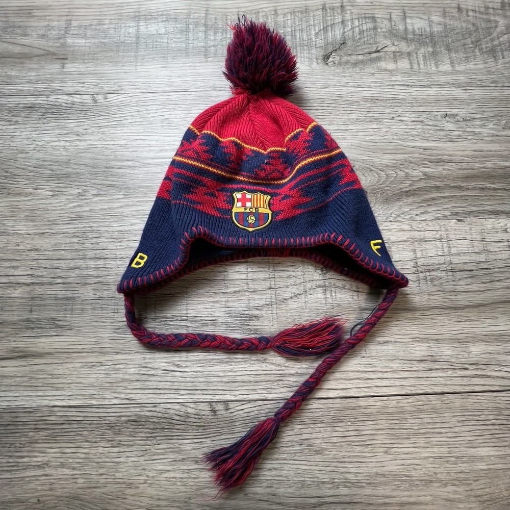 FC Barcelona Peruvian Beanie Unisex OS Navy Red Fleece Lined Pom Pom Earflap Hat